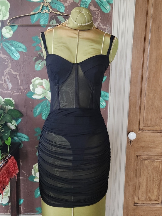 PrettyLittleThing Dresses & Skirts - PrettyLittleThing Black Mesh Corset Bodycon Mini Dress Ruched Sheer Bustier 6